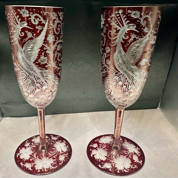 Egermann Czech Ruby Cut Crystal Champagne Flutes 1 of 10 Signed COA 2018 - Picture 9 of 16